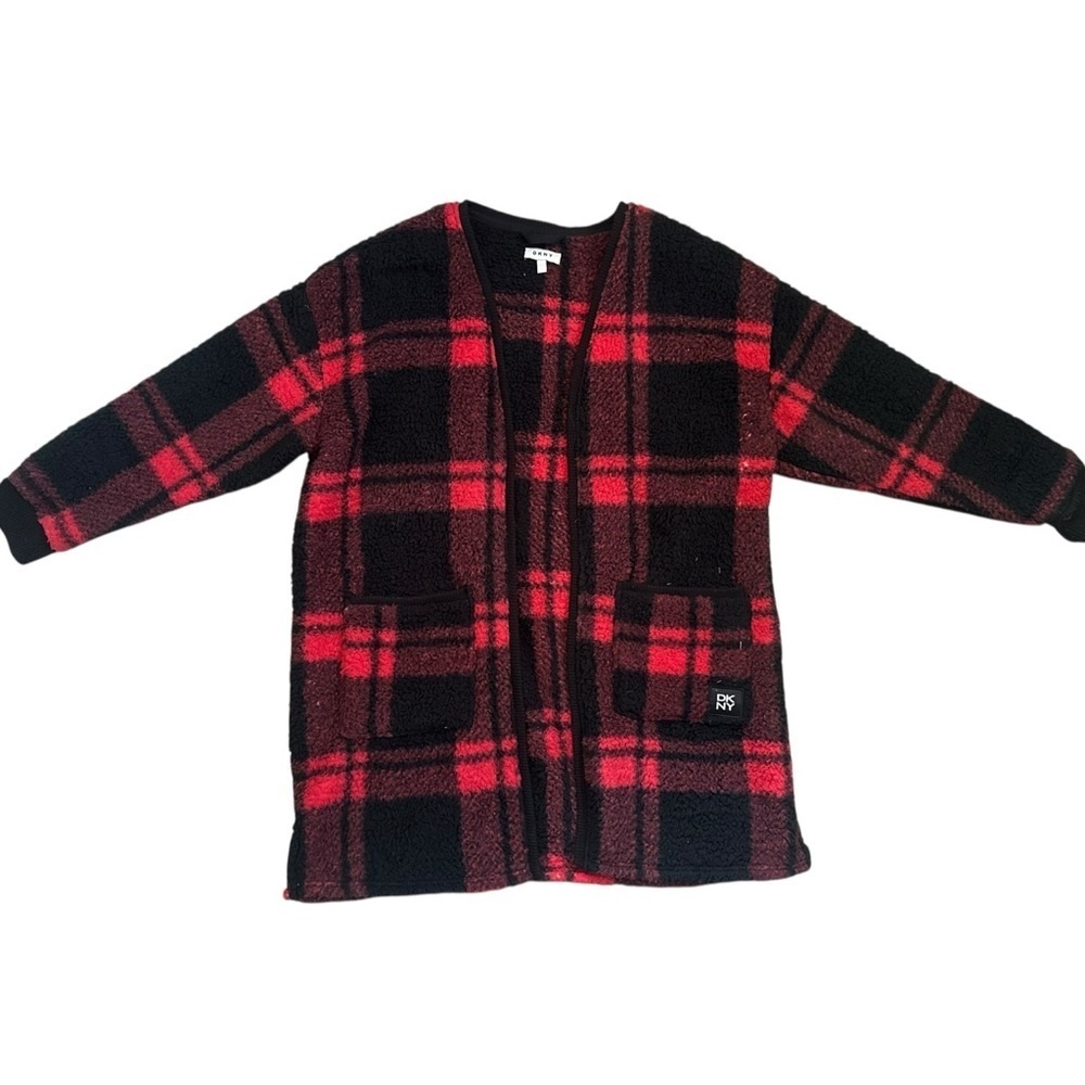 DKNY Fleece Cardigan Red & Black Plaid Size Large